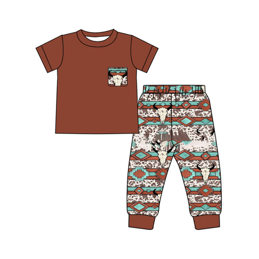 presale BSPO0586  Baby Boys Pocket Top Bull Skulls Aztec Legging Pants Western Clothes Sets  D 915