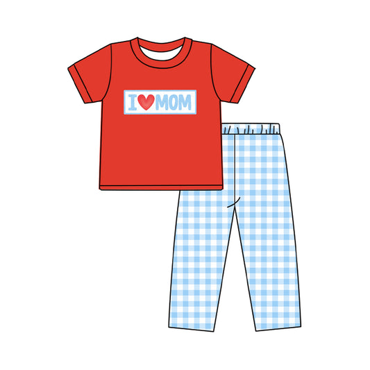 presale BSPO0588 Baby Boys I Love Mom Top Blue Checked Pants Clothes Sets   D 915