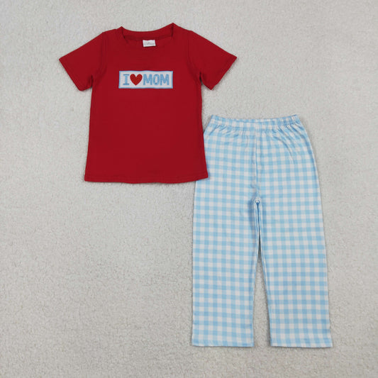 BSPO0588 Embroidery I Love Mom Baby Boys Shirts Checked Pants Clothes Sets D 1023