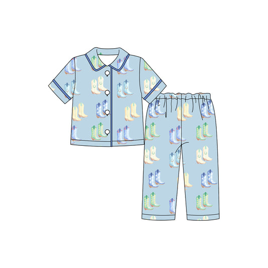 presale BSPO0591 Baby Boys Blue Boots Button Shorts Sleeve Top Pants Pajamas Sets D 918