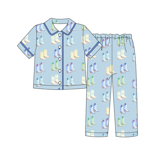 presale BSPO0592 Adult Men Blue Boots Button Short Sleeve Top Pants Pajamas Sets  D 919