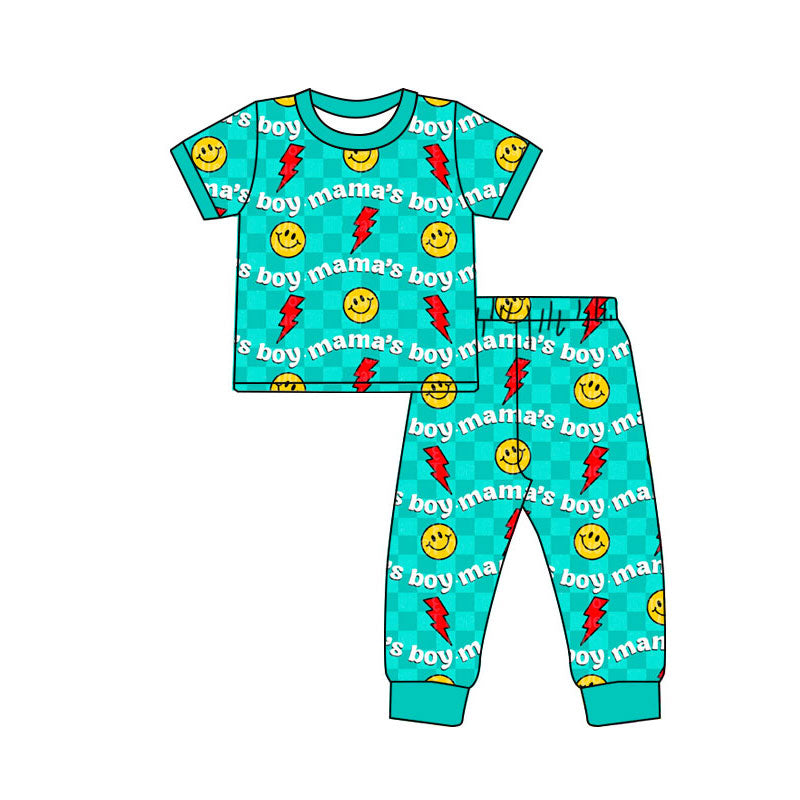 presale BSPO0593  Baby Boys Aqua Checked Mamas Boy Lights Smiles Top Pants Pajamas Sets D 920