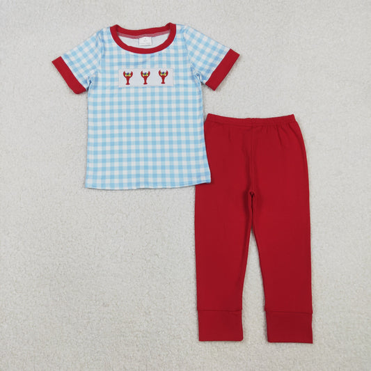 BSPO0602 Embroidery Crayfishes Baby Boys Blue Checked Top Clothes Sets D 1013