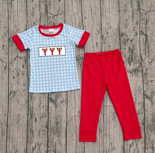 presale BSPO0602 Embroidery Crayfishes Baby Boys Blue Checked Top Lrggings Clothes Sets D 1013