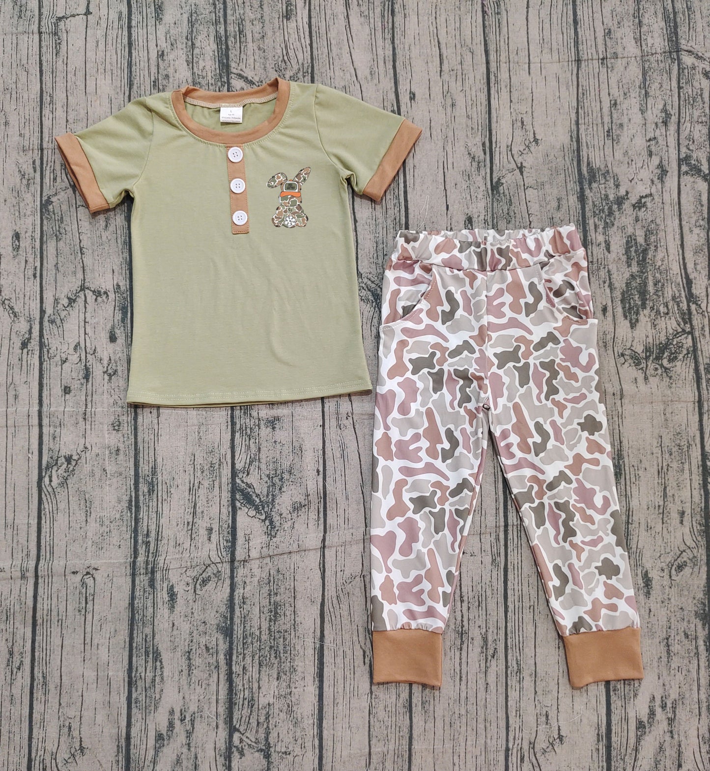 presale BSPO0603 Embroidery Camo Rabbit Baby Boys Olive Button Top Pants Easter Clothes Sets D 1013