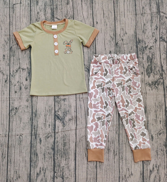 presale BSPO0603 Embroidery Camo Rabbit Baby Boys Olive Button Top Pants Easter Clothes Sets D 1013