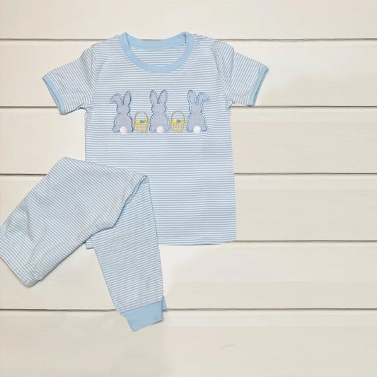 presale BSPO0610 Baby Boys Light Blue Stripe Rabbits Eggs Top Pants Easter Pajamas Sets   D 1009