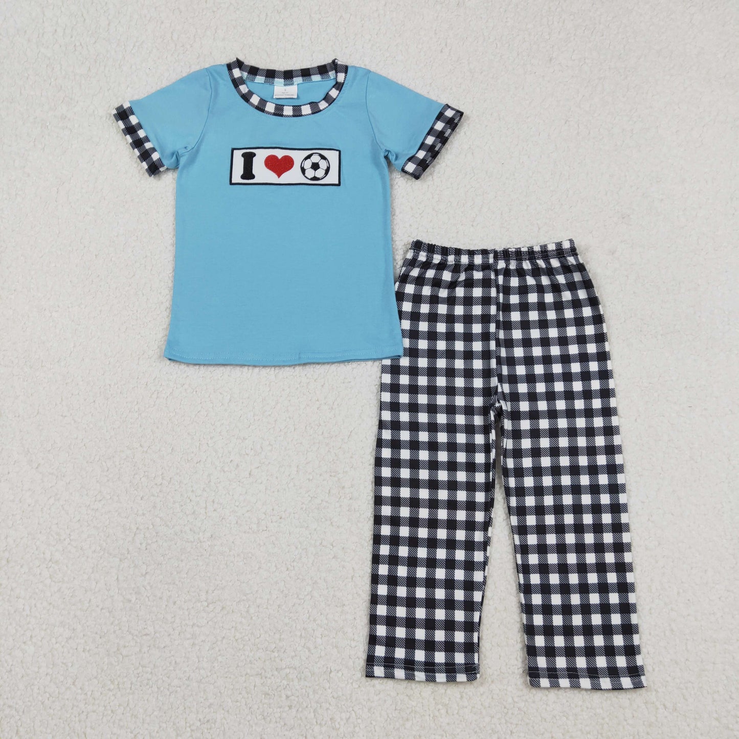 Sibling Baby Boys Embroidered 'I Love Balls' Top with Checked Pants Team Sports Outfit Footie Rompers for Newborns And Toddlers