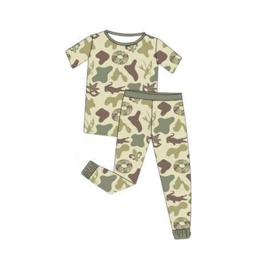 presale BSPO0629 Baby Boys Green Camo Donuts Masks Top Pants Mardigras Pajamas Sets    D 1113