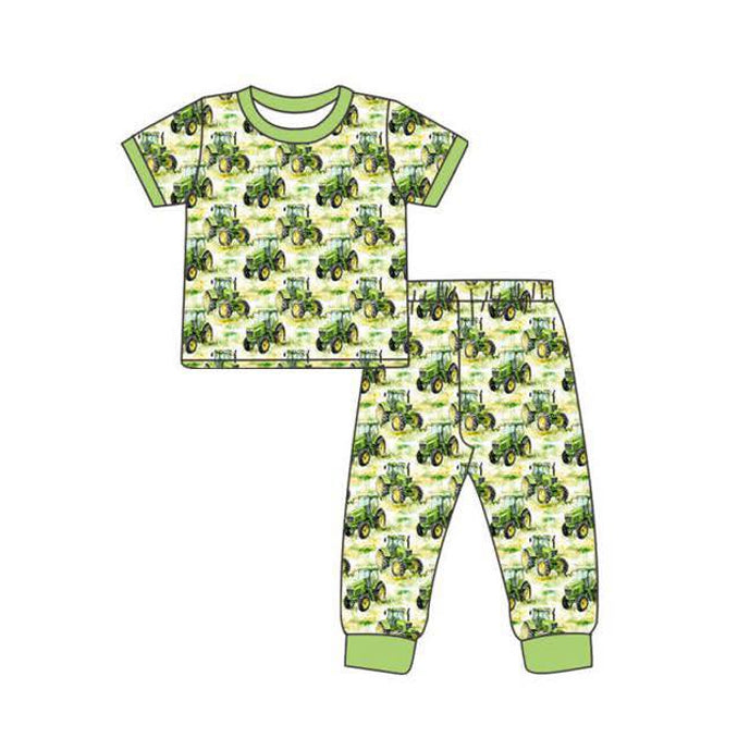 presale BSPO0631  Baby Boys Green Trucks Plaid Top Pant Farm Pajamas Sets  D 1115