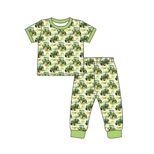 presale BSPO0631 Baby Boys Green Trucks Plaid Top Pant Farm Pajamas Sets D 1115