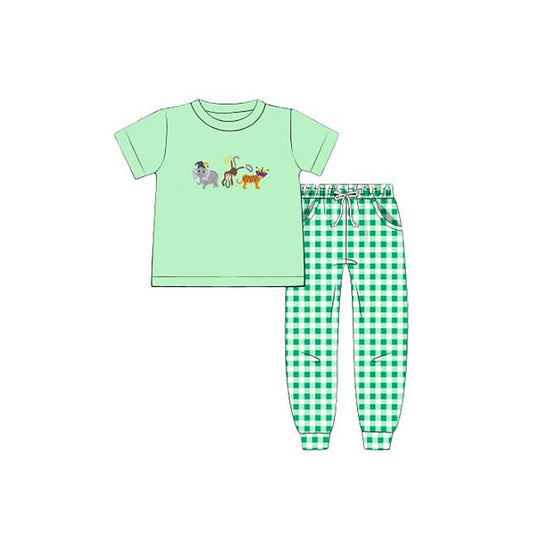 presale BSPO0632 Baby Boys Green Animals Top Pockets Checked Jogger Pants Clothes Sets D 1122
