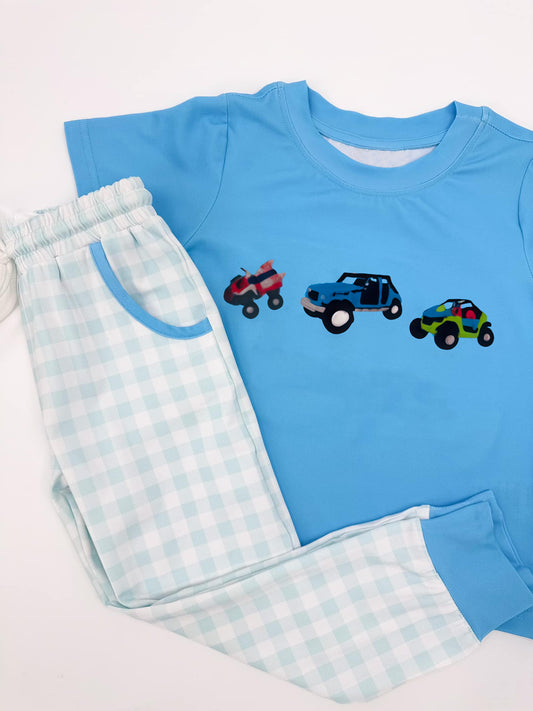 presale BSPO0633 Baby Boys Plane Cars Top Pockets Checked Pants Clothes Sets   D 1122