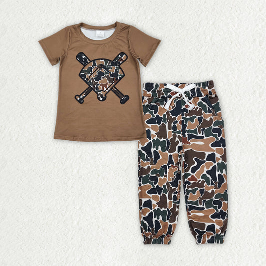 Baby Boys Southern Dark Brown Camouflage Baseball Top with Pockets Jogger Pants Team Uniform Clothing Set