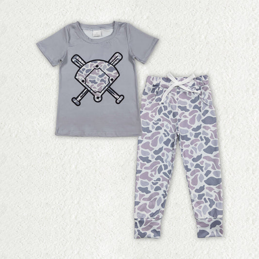 Baby Boys Southern Light Grey Camo Baseball Top with Pockets Legging Pants Team Outfit Set for Active Kids