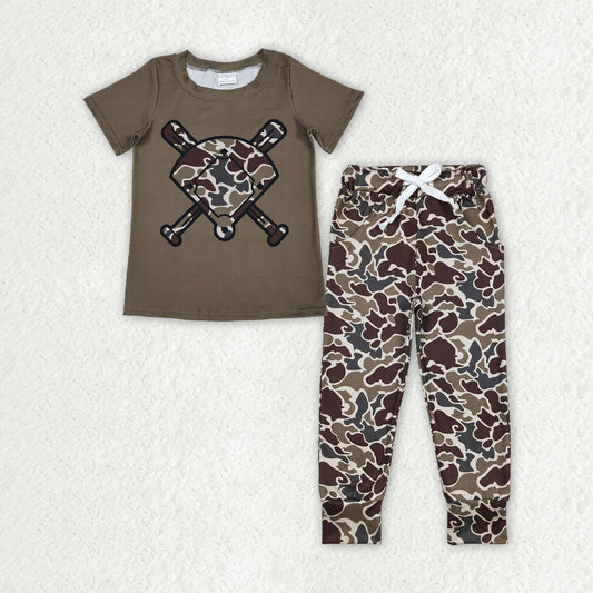 Baby Boys Southern Dark Khaki Camouflage Baseball Top with Pockets Legging Pants Set Team Uniform Clothing Set