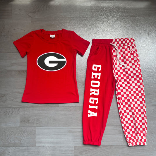 Pre order red georgia digital print joggers outfit