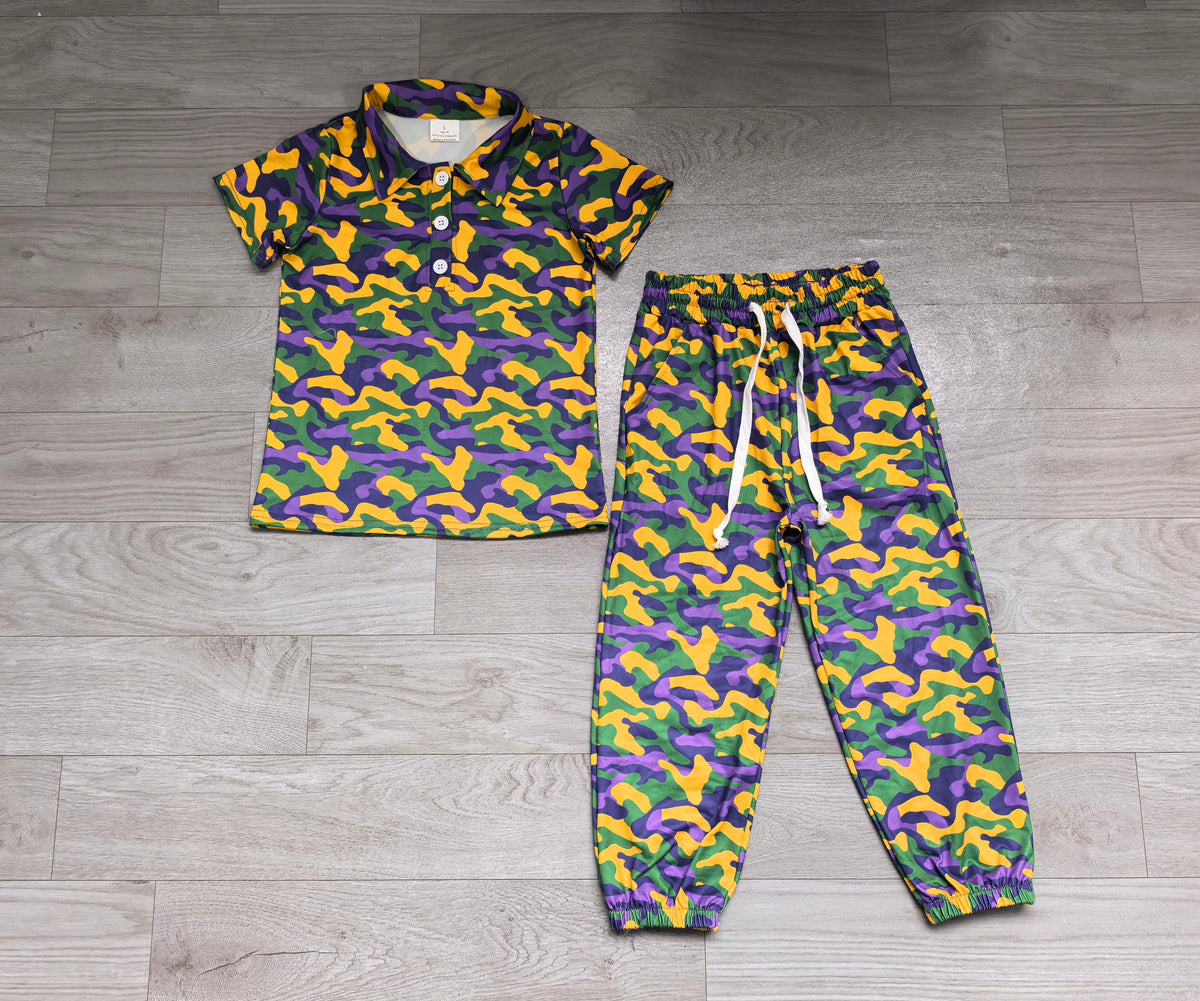 Pre order purple green yellow camo polo joggers set