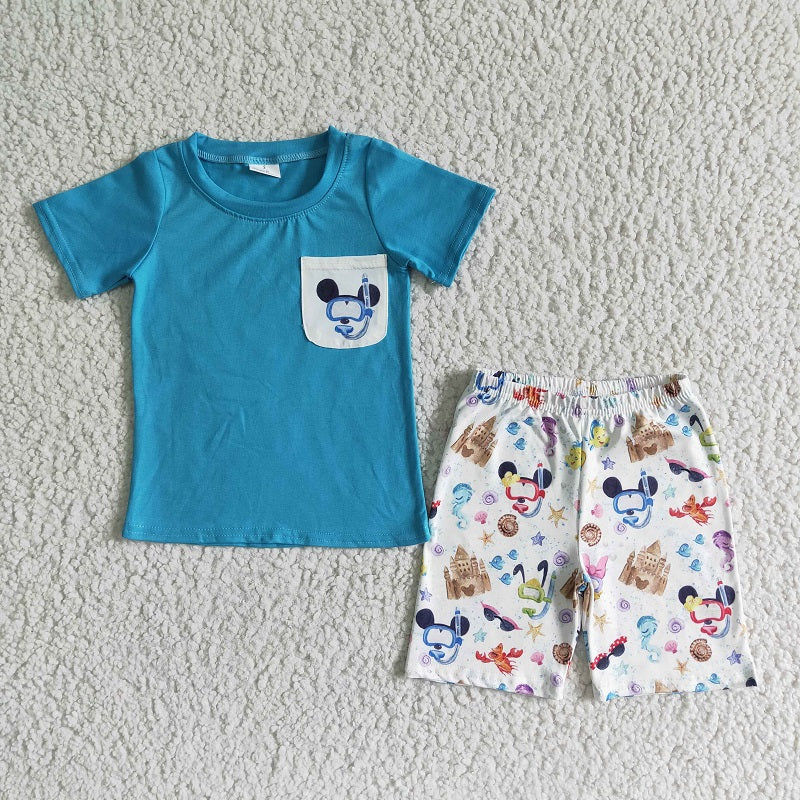 BSSO0038 Boys Blue Pocket Short Sleeve Shorts Set