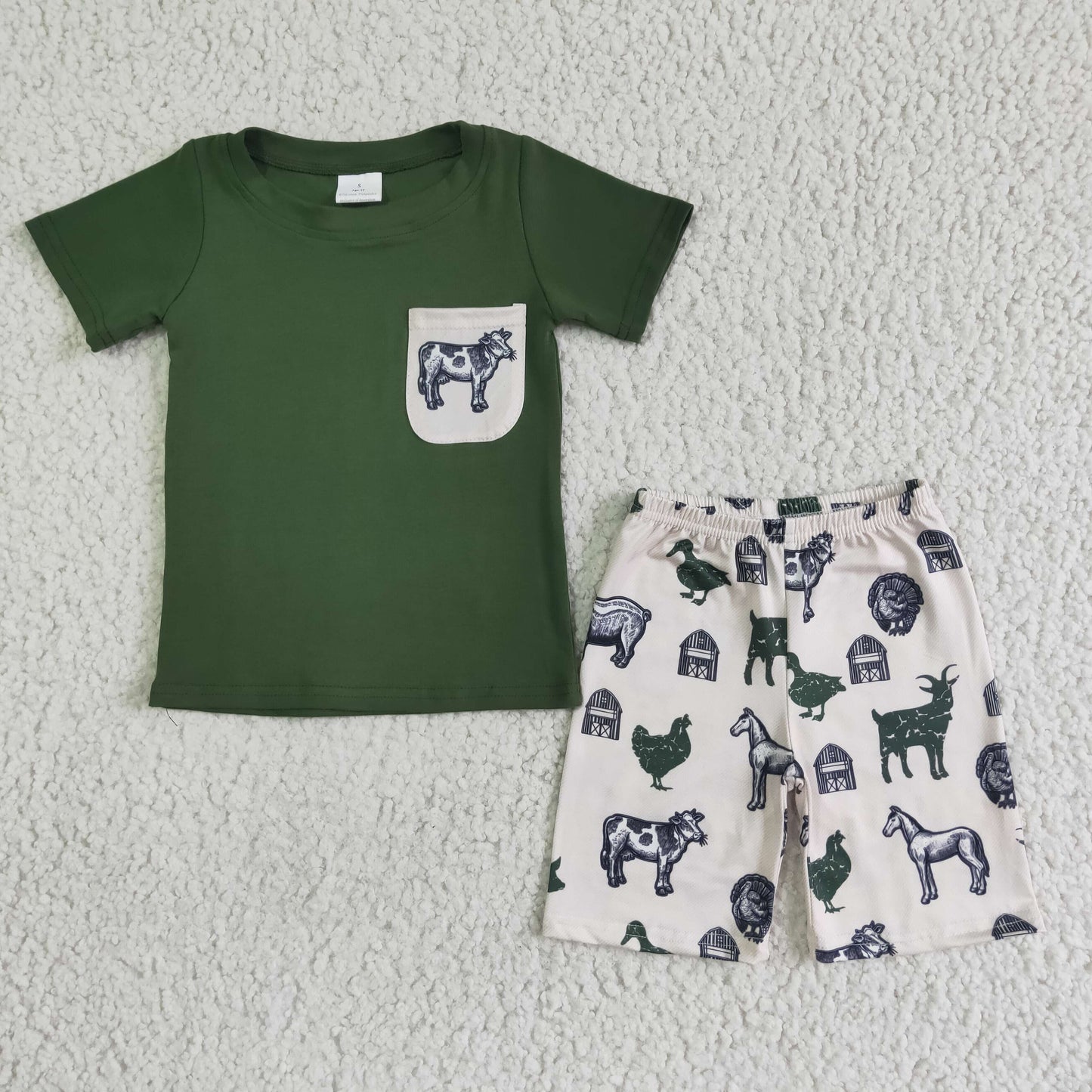 BSSO0046 olive farm house animal boy shorts set