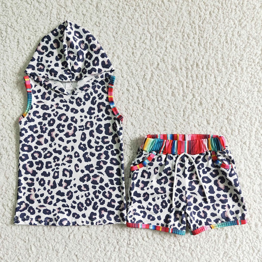 BSSO0060 Boys Leopard Print Sleeveless Hooded Shorts Set