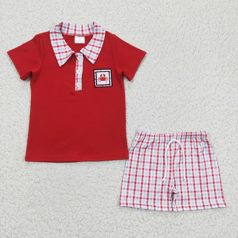 Sibling Girls Embroidery Baby Boys Crab Red Rompers Clothes Sets D 816