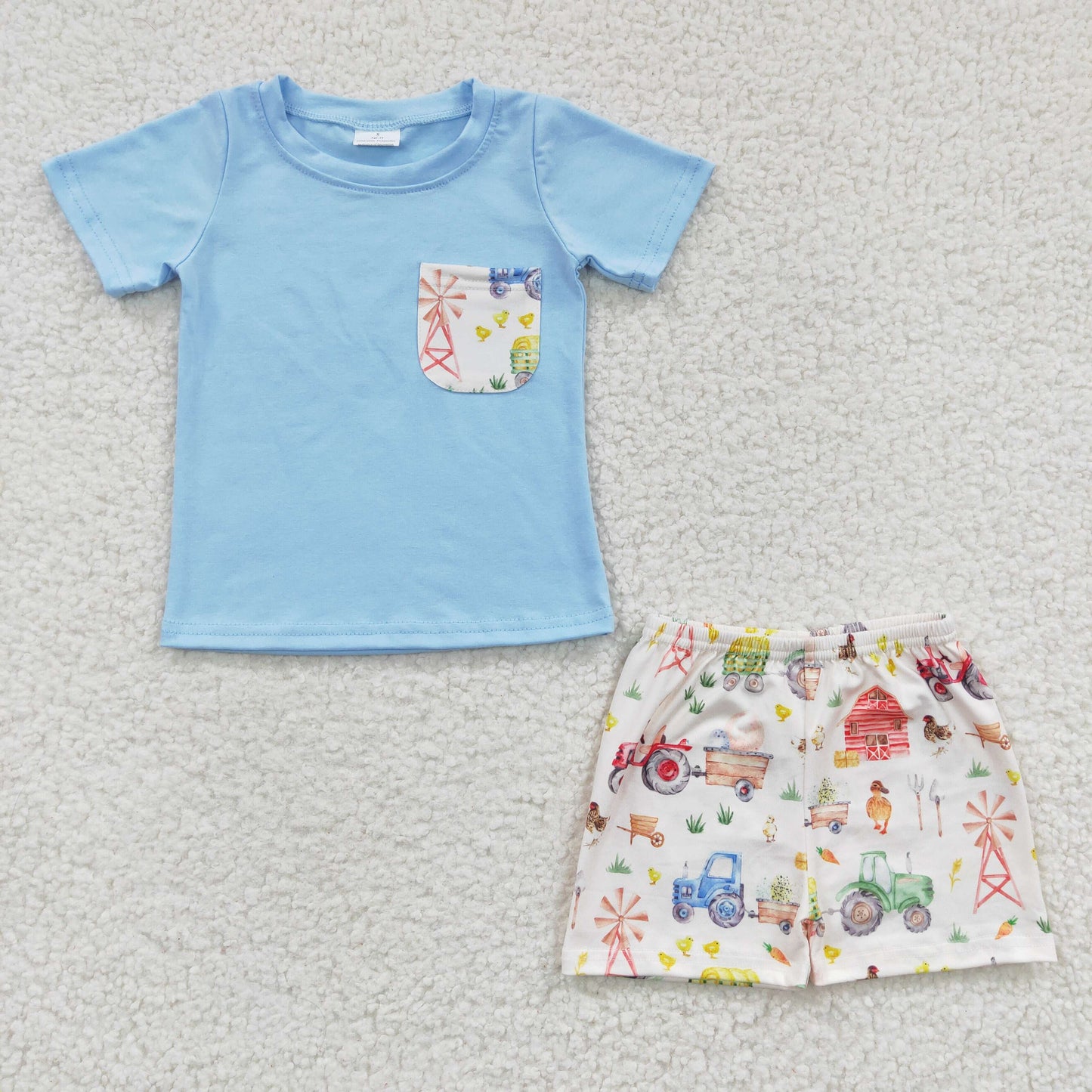BSSO0142 blue farm tractor shorts set