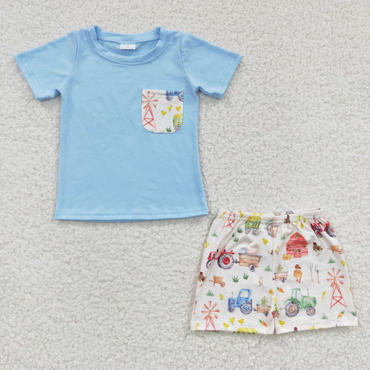 BSSO0142 blue farm tractor shorts set