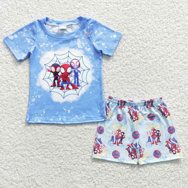 BSSO0246 Spider Cartoon Blue Short Sleeve Shorts Set