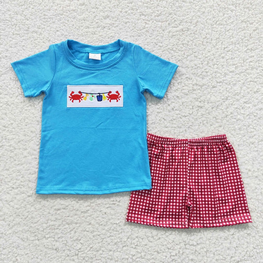 BSSO0247 Boys Embroidered Crab Blue Short Sleeve Red Plaid Shorts Set