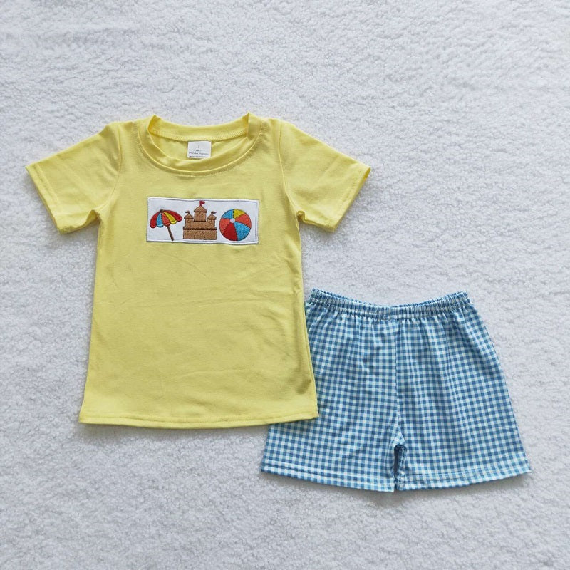 BSSO0248 Baby Boys Embroidered Beach Castle Yellow Short Sleeve Blue Plaid Shorts Set