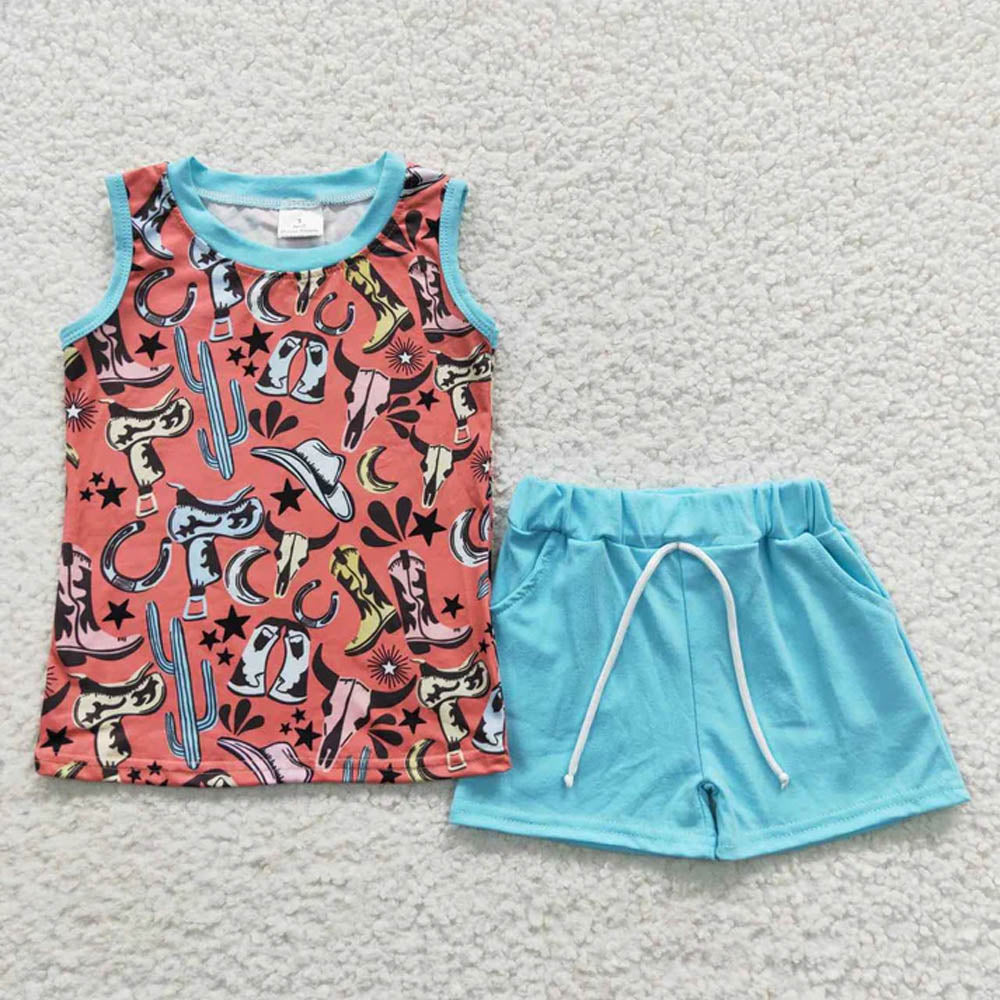 Sibling Baby Boys Sleeveless Tee Shirt Top Smiles Western Howdy Shorts Clothes Sets D 7.8