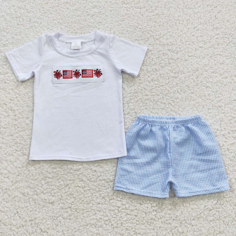 BSSO0253 Baby Boys Embroidered National Day National Flag White Short Sleeve Shorts Set