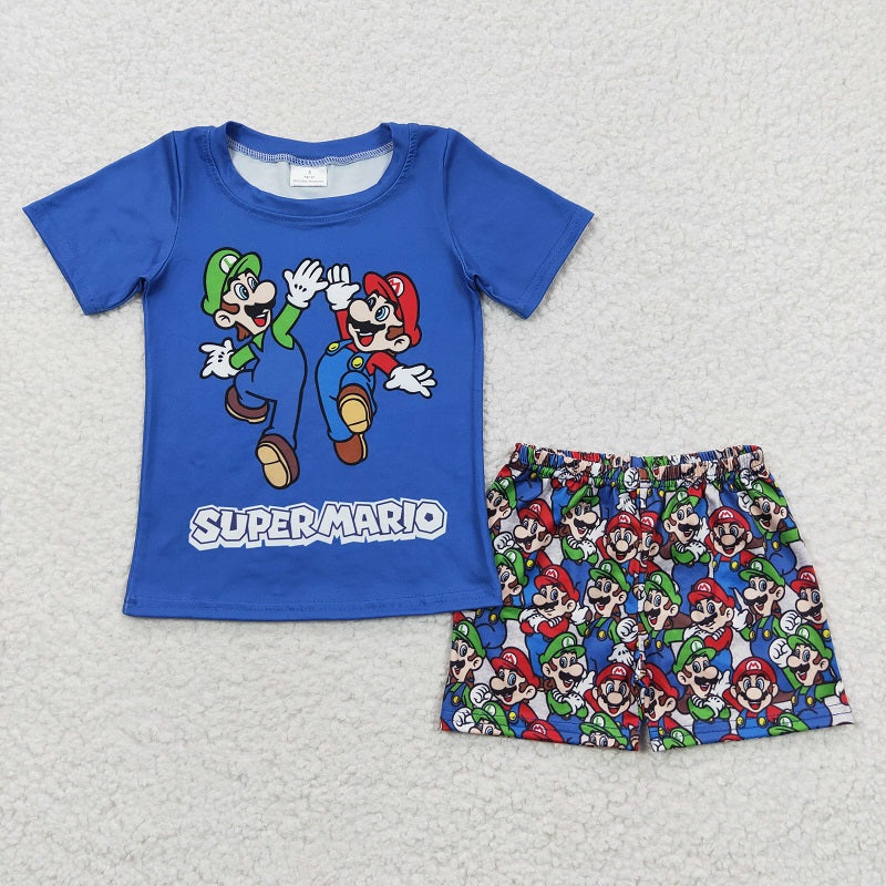 BSSO0258 SUPER M Cartoon  Blue Short Sleeve Shorts Set