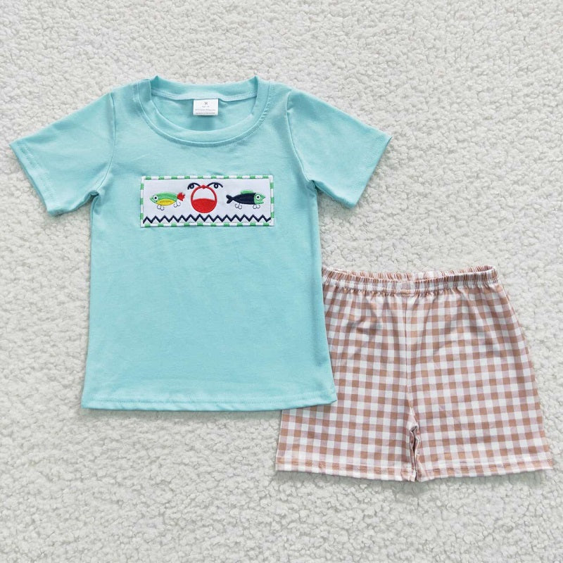 BSSO0262 Boys Embroidered Yachtfish Blue Short Sleeve Plaid Shorts Set