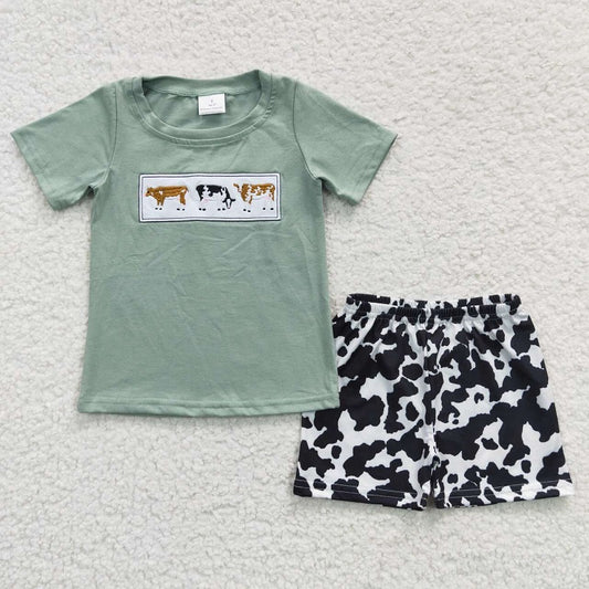 BSSO0264 Boys Embroidered Cow Green Short Sleeve Cow Print Shorts Set D 4.28