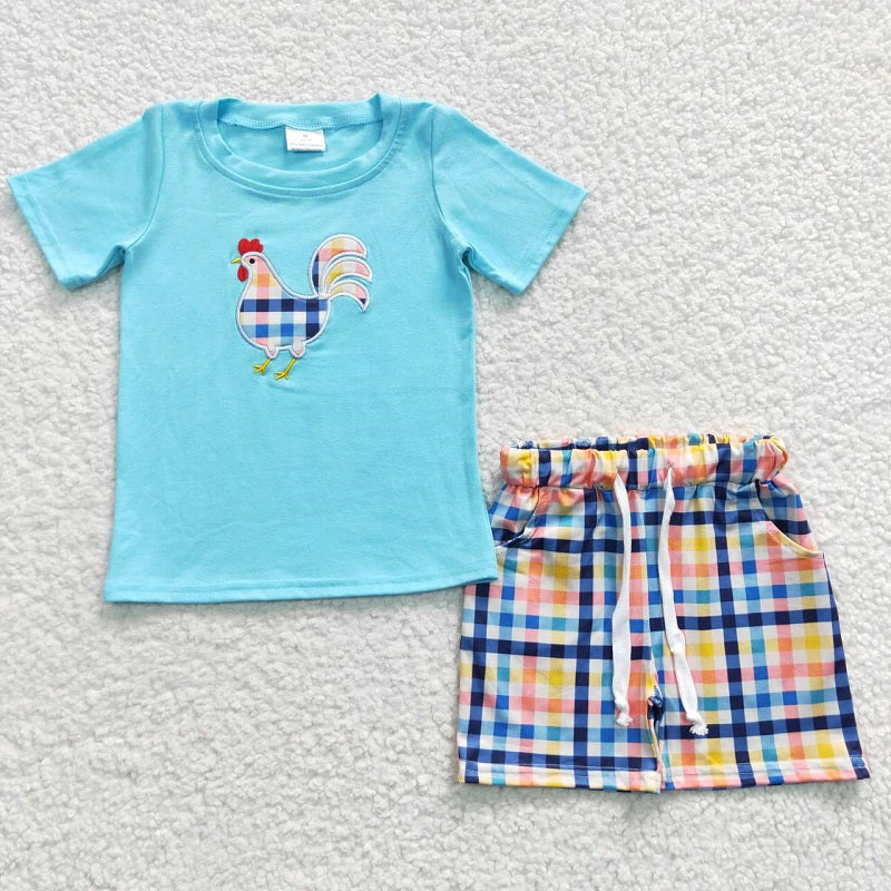 BSSO0270 Embroidered Rooster Blue Short Sleeve Plaid Shorts Set