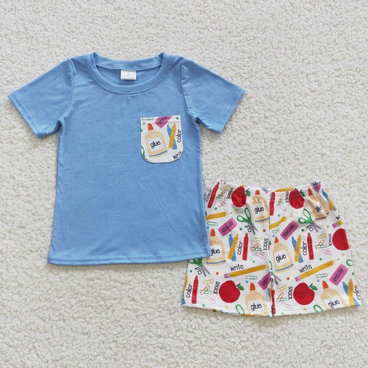 BSSO0278 Pencil Apple Glue Blue Pocket Short Sleeve Short Set