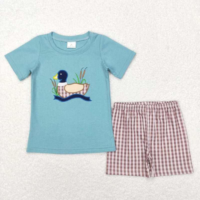 BSSO0281 Embroidered Duck Blue Short Sleeve Plaid Shorts Suit