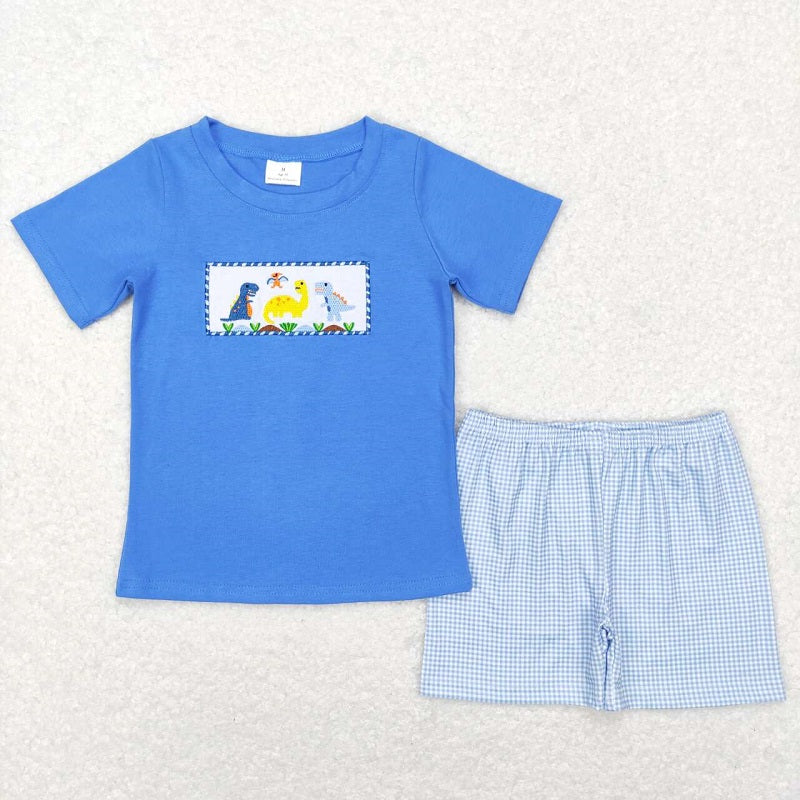 BSSO0293 Embroidered dinosaur short-sleeved blue and white plaid shorts suit