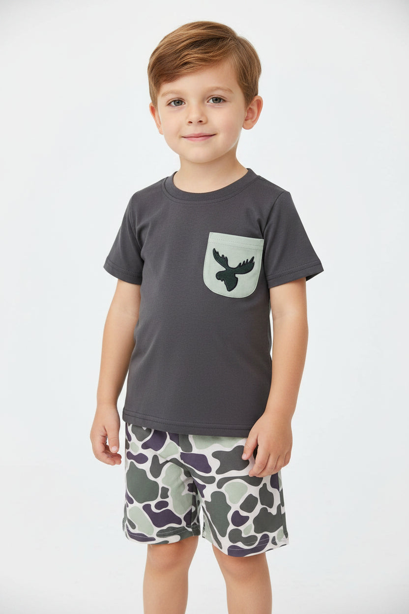 BSSO0303 Elk Camo Pocket Gray Short Sleeve Shorts Set