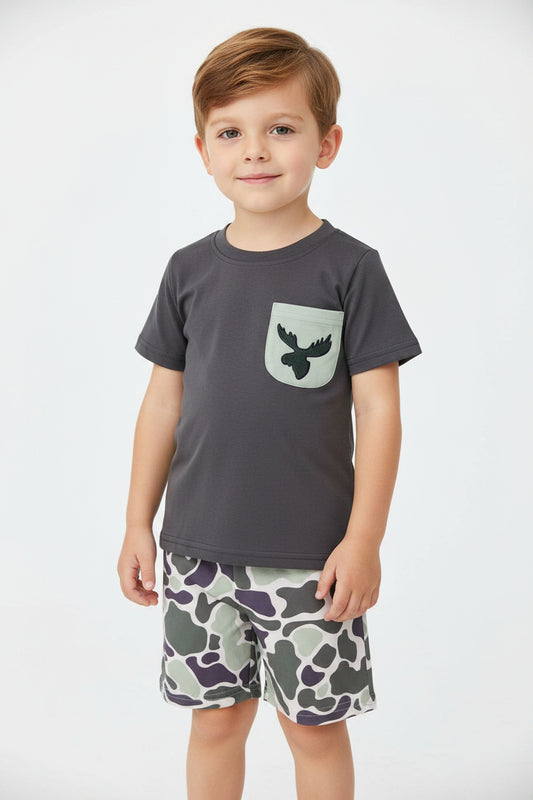 BSSO0303 Elk Camo Pocket Gray Short Sleeve Shorts Set
