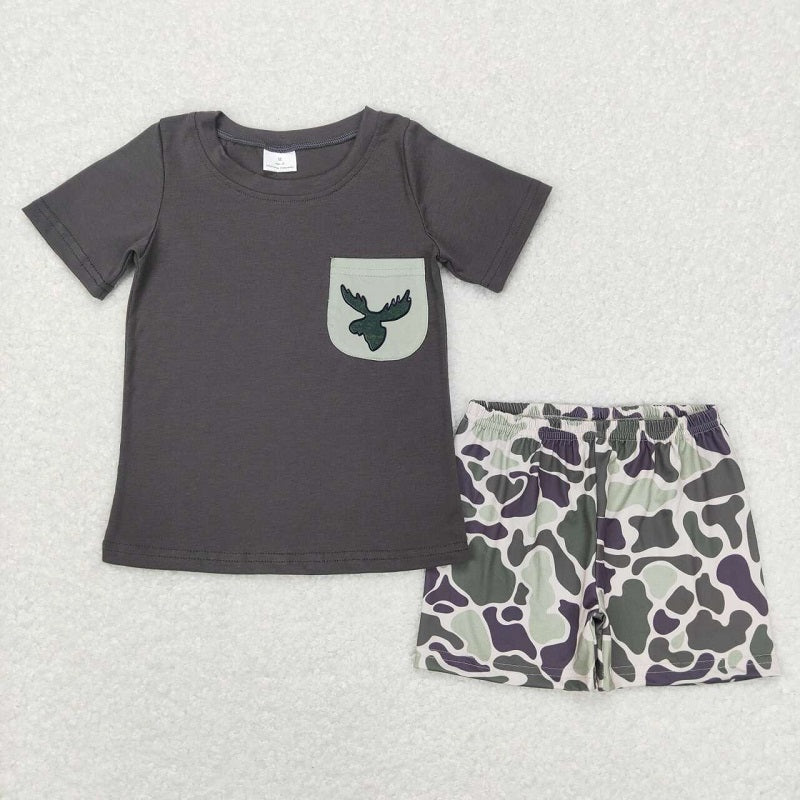 BSSO0303 Elk Camo Pocket Gray Short Sleeve Shorts Set