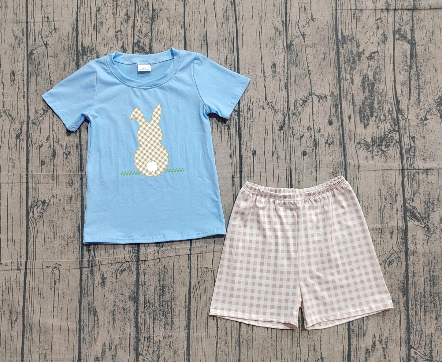 Pre-order Embroidery Rabbits Baby Boys Blue Shirt Checked Shorts Easter Clothes Sets