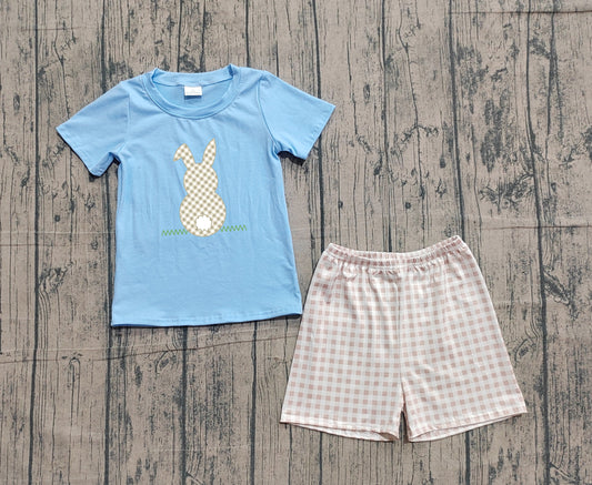 Pre-order Embroidery Rabbits Baby Boys Blue Shirt Checked Shorts Easter Clothes Sets