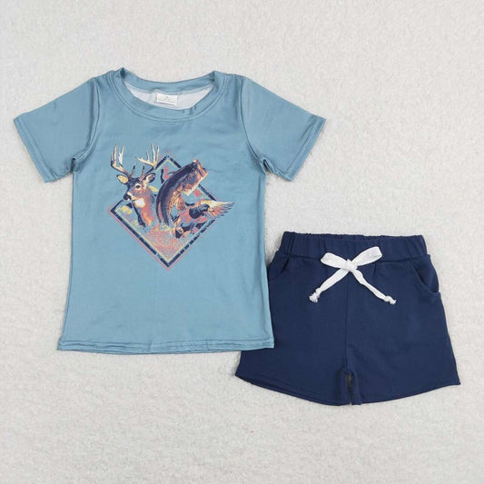 BSSO0315 Deer fish blue short sleeve shorts suit