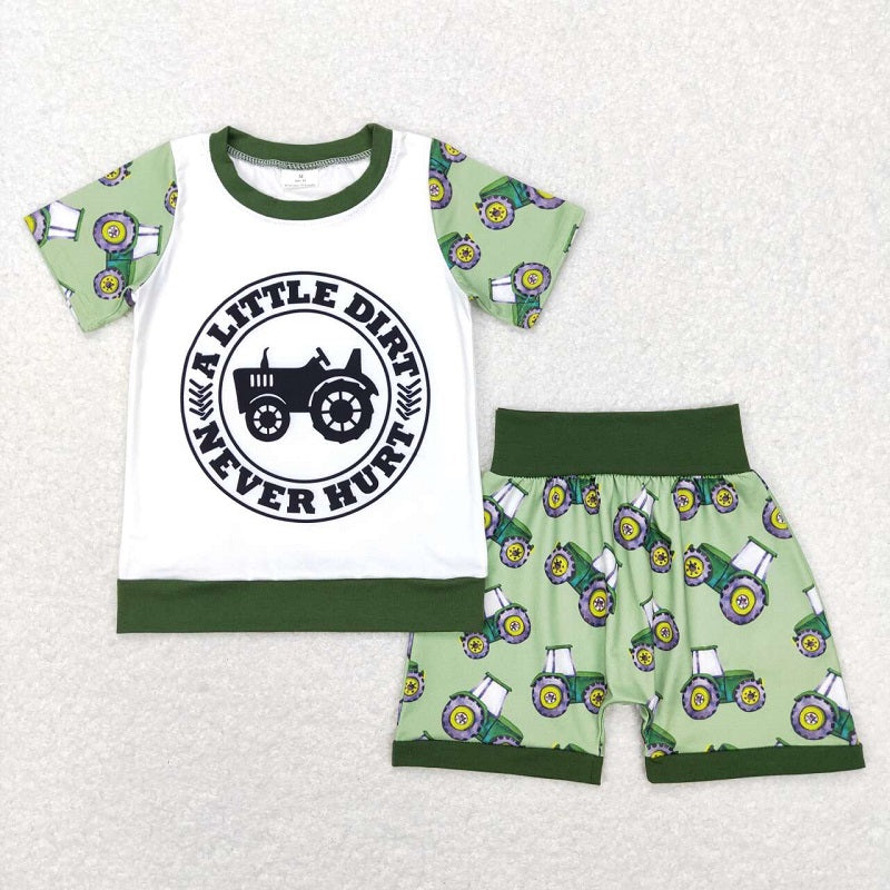 BSSO0328 Letter Tractor Green and White Short Sleeve Shorts Set