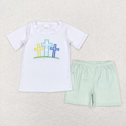 BSSO0337 Embroidered cross white short-sleeved green striped shorts suit