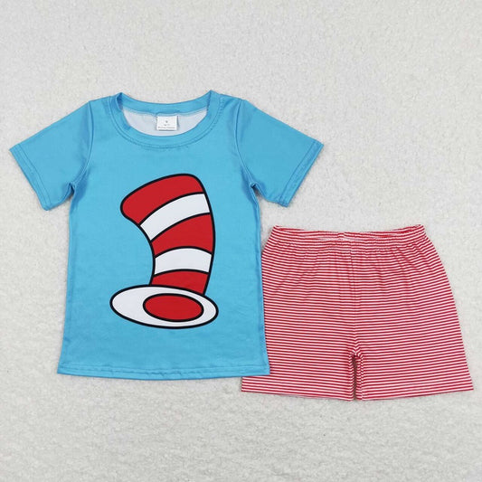BSSO0346 Hat blue short sleeves red striped shorts suit