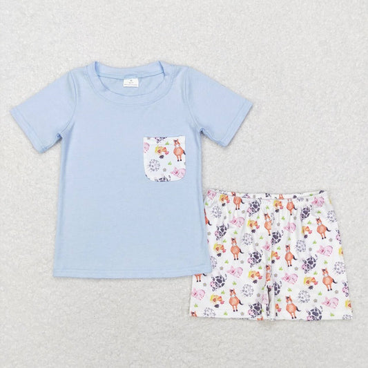BSSO0352 Pig Horse Cow Farm Animal Pocket Blue Short Sleeve White Shorts Suit